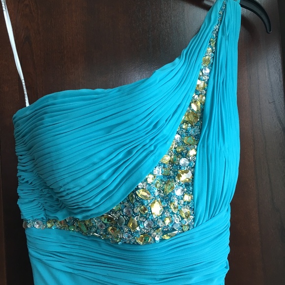 Turquoise Blue One Shoulder Prom Dress - Picture 3 of 4